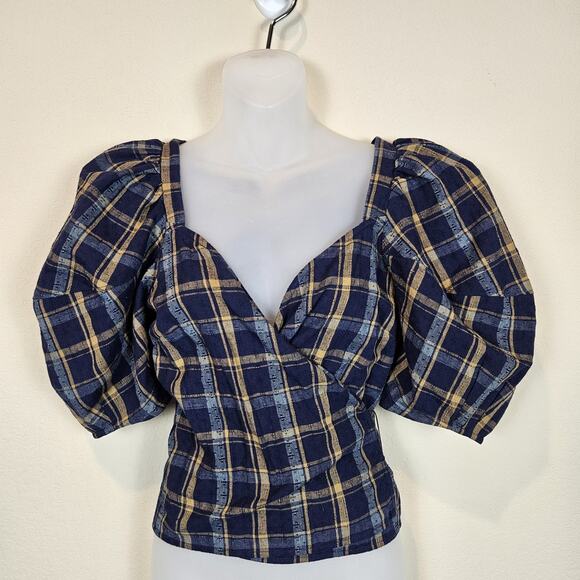 Madewell Sweetheart Wrap Top Plaid Tartan Puff Sleeve Blouse Cotton NG875 XS NWT - Picture 4 of 16